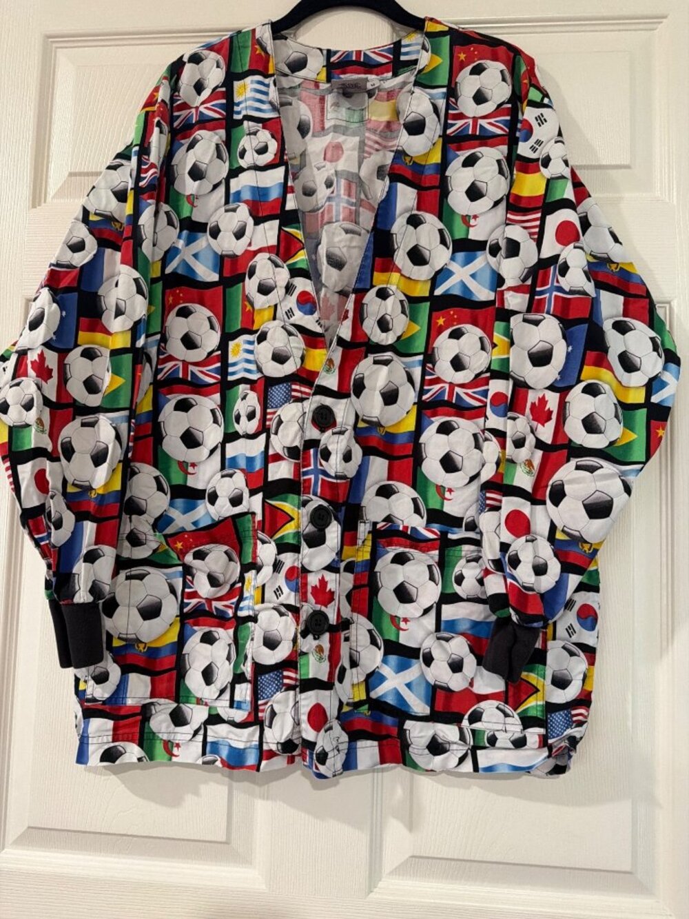Soccer Ball & World Flags Print S.C.R.U.B.S. Jacket 100% Cotton Button-Up Size M